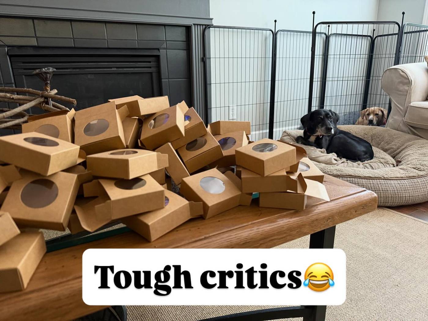 A table stacked with small kraft gift boxes while two dogs watch from their beds in the background